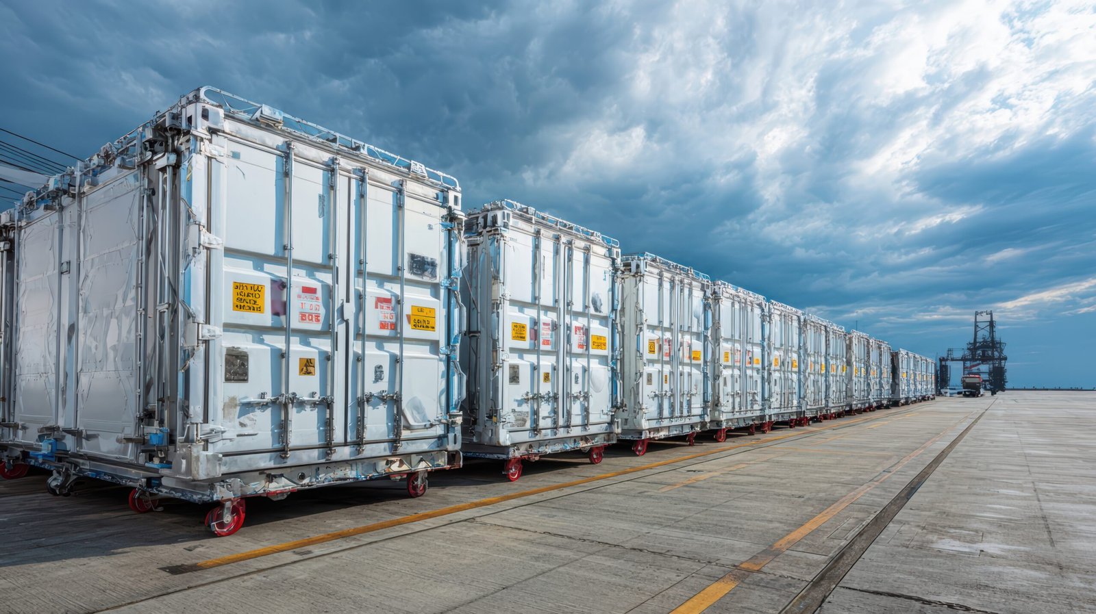 Refrigerated shipping containers under cloudy sky